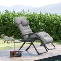 Outsunny Padded Folding Recliner Chair, Patio Lounger with Cupholder, Adjustable Backrest, Removable Cushion, Grey(m-8)