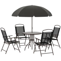 Outsunny 6 Piece Patio Dining Set for 4 with Umbrella, Outdoor Table and Chairs with 4 Folding Dining Chairs & Round Glass Table for Garden, Backyard and Poolside, Black(m-1)