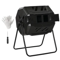 Outsunny 43 Gallon (160L) Tumbling Compost Bin Outdoor Dual Chamber 360° Rotating Composter with Sliding Doors, Solid Steel Frame and Gloves, Black(m-2)
