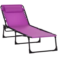 Outsunny Outdoor Folding Lounge Chair, 4-Level Adjustable Chaise Lounge with Headrest, Tanning Chair Beach Bed, Reclining Lounger Cot for Camping, Hiking, Backyard, Purple(m-2)