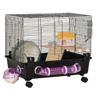 PawHut Hamster Cage, Gerbil Haven, Multi-storey Rodent House, Small Animal Habitats, Large Hide-out, w/ Water Bottle, Tubes, Exercise Wheel, Food Dish, Ramp, Shower Room, Black(m-2)