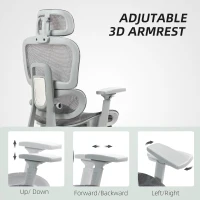HOMCOM Mesh Office Chair with 3D Armrest, High Back Desk Chair with Lumbar Support, 135° Reclining, Adjustable Headrest, Grey(m-7)