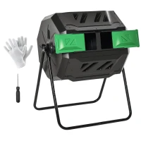 Outsunny Tumbling Compost Bin Outdoor Dual Chamber 360° Rotating Composter 43 Gallon with Sliding Doors, Green(m-11)