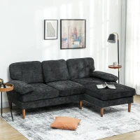 HOMCOM Modern Corner Couch with Right Chaise Lounge, Tufted 3-Seater Sofa with Wooden Legs for Living Room, Black(m-9)