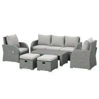 Outsunny 6-Piece Outdoor Rattan Patio Sectional Sofa Set with 3-Seat Couch, 2 Recliners, 2 Ottoman Footrests, & Coffee Table Conversation Set, Light Gray(m-1)