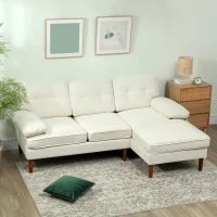 HOMCOM Modern Corner Couch with Right Chaise Lounge, Tufted 3-Seater Sofa with Wooden Legs for Living Room, Cream White(m-9)