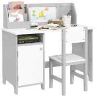 Qaba Toddler Table and Chair Set, Kids Writing Desk Homework Table with Whiteboard, Storage Cabinet, Gray(m-11)