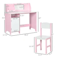 Qaba Toddler Table and Chair Set, Kids Writing Desk Homework Table with Whiteboard, Storage Cabinet, Pink(m-3)