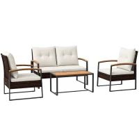 Outsunny 4 Piece Rattan Patio Furniture Set with Loveseat Sofa, Chair, Wood Coffee Table, Cushions for Outdoor, Backyard, White(m-11)