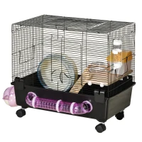 PawHut Hamster Cage, Gerbil Haven, Multi-storey Rodent House, Small Animal Habitats, Large Hide-out, w/ Water Bottle, Tubes, Exercise Wheel, Food Dish, Ramp, Shower Room, Black(m-11)