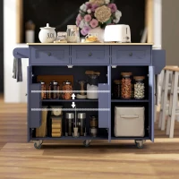 HOMCOM Kitchen Island on Wheels with Drop Leaf, Charging Station, Rolling Kitchen Cart with Wood Top, Adjustable Shelf, Blue(m-8)