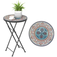Outsunny Mosaic Outdoor Patio Side Table, 14" Round Folding Outdoor Coffee Table with Steel Frame for Balcony Deck Patio Terrace, Mixed Colour(m-11)
