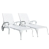 Adjustable Reclining Aluminum Cast Lounge Chair with Rolling Wheels, Bronze Finish, Cross Weave Design, 48" L x 22.5" W x 36" H, White(m-9)