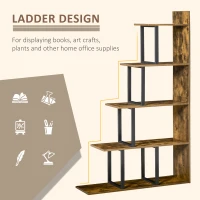 HOMCOM Industrial Bookcase 5-Tier Wooden Ladder Bookshelf Display Stand Organizer for Livingroom Indoor Corner Shelf - Rustic Brown(m-5)