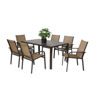 7-Piece Patio Dining Set with Rectangular Table, 6 Stackable Textilene Chairs, Weather-Resistant Steel Frame, Ideal for Family Meals, Parties, Brown(m-10)
