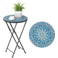 Outsunny Mosaic Outdoor Patio Side Table, 14" Round Folding Outdoor Coffee Table with Steel Frame for Balcony Deck Patio Terrace, Blue(m-11)