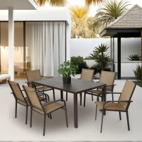 7-Piece Patio Dining Set with Rectangular Table, 6 Stackable Textilene Chairs, Weather-Resistant Steel Frame, Ideal for Family Meals, Parties, Brown(m-1)