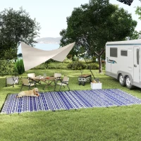 Outsunny Reversible Outdoor Rug, Waterproof Plastic Straw with Carry Bag, 9' x 18', Blue & White Geometric Wall(m-8)