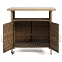Outdoor Wicker Bar Cart with Plastic Wood Tabletop, 4 Wheels, Rolling Rattan Beverage Bar Counter Table, 35.5" L x 19.5" W x 35.5" H, Light Brown(m-6)
