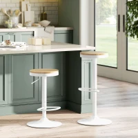 HOMCOM Wood Barstools Set of 2, Swivel Bar Stools with Adjustable Height for Kitchen Counter, Natural Wood and White(m-1)