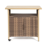 Outdoor Wicker Bar Cart with Plastic Wood Tabletop, 4 Wheels, Rolling Rattan Beverage Bar Counter Table, 35.5" L x 19.5" W x 35.5" H, Light Brown