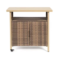 Outdoor Wicker Bar Cart with Plastic Wood Tabletop, 4 Wheels, Rolling Rattan Beverage Bar Counter Table, 35.5" L x 19.5" W x 35.5" H, Light Brown(m-2)