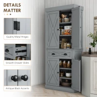 HOMCOM 72.5" Kitchen Pantry Cabinet, Freestanding Storage Cabinet with 4 Doors, Drawer and Adjustable Shelves, Grey(m-7)