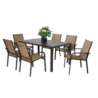 7-Piece Patio Dining Set with Rectangular Table, 6 Stackable Textilene Chairs, Weather-Resistant Steel Frame, Ideal for Family Meals, Parties, Brown(m-2)