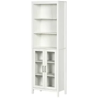 kleankin Tall Bathroom Storage Cabinet with 3 Tier Shelf, Bookcase with Glass Doors, Freestanding Linen Tower with Adjustable Shelves, Antique White(m-11)