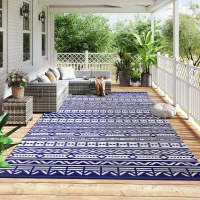 Outsunny Reversible Outdoor Rug, Waterproof Plastic Straw with Carry Bag, 9' x 18', Blue & White Geometric Wall(m-2)