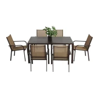 7-Piece Patio Dining Set with Rectangular Table, 6 Stackable Textilene Chairs, Weather-Resistant Steel Frame, Ideal for Family Meals, Parties, Brown(m-9)