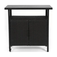 Outdoor Wicker Bar Cart with Plastic Wood Tabletop, 4 Wheels, Rolling Rattan Beverage Bar Counter Table, 35.5" L x 19.5" W x 35.5" H, Black(m-2)