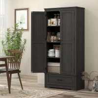 HOMCOM 69" Tall Farmhouse Kitchen Pantry Cabinet with 2 Doors, Drawer and Adjustable Shelves, Black Wood Grain(m-8)
