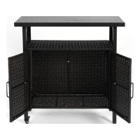Outdoor Wicker Bar Cart with Plastic Wood Tabletop, 4 Wheels, Rolling Rattan Beverage Bar Counter Table, 35.5" L x 19.5" W x 35.5" H, Black(m-11)