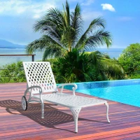 Adjustable Reclining Aluminum Cast Lounge Chair with Rolling Wheels, Bronze Finish, Cross Weave Design, 48" L x 22.5" W x 36" H, White(m-1)