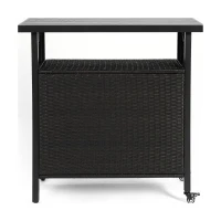 Outdoor Wicker Bar Cart with Plastic Wood Tabletop, 4 Wheels, Rolling Rattan Beverage Bar Counter Table, 35.5" L x 19.5" W x 35.5" H, Black(m-13)