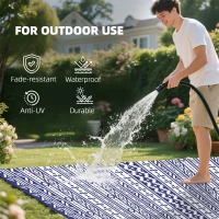 Outsunny Reversible Outdoor Rug, Waterproof Plastic Straw with Carry Bag, 9' x 18', Blue & White Geometric Wall(m-6)