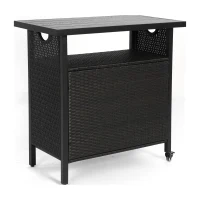 Outdoor Wicker Bar Cart with Plastic Wood Tabletop, 4 Wheels, Rolling Rattan Beverage Bar Counter Table, 35.5" L x 19.5" W x 35.5" H, Black(m-15)
