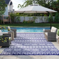 Outsunny Reversible Outdoor Rug, Waterproof Plastic Straw with Carry Bag, 9' x 18', Blue & White Geometric Wall(m-9)