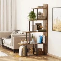HOMCOM Industrial Bookcase 5-Tier Wooden Ladder Bookshelf Display Stand Organizer for Livingroom Indoor Corner Shelf - Rustic Brown(m-4)