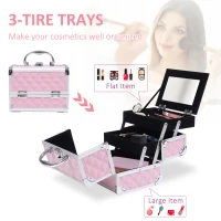 HOMCOM 3 Tier Diamond Texture Makeup Case Train Case Cosmetic Organizer with Mirror, Pink(m-6)