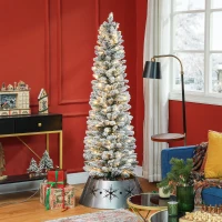 HOMCOM 6ft Artificial Prelit Christmas Tree with Warm White LED Light, Snow Flocked Branches, Metal Base, Pencil Xmas Tree(m-1)
