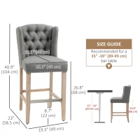 HOMCOM Counter Height Bar Stools Set of 2, Upholstered Bar Chairs with Nailhead Backrest and Footrest, Grey(m-3)