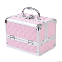 HOMCOM 3 Tier Diamond Texture Makeup Case Train Case Cosmetic Organizer with Mirror, Pink(m-11)