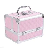 HOMCOM 3 Tier Diamond Texture Makeup Case Train Case Cosmetic Organizer with Mirror, Pink(m-2)