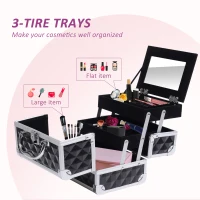 HOMCOM 3 Tier Diamond Texture Makeup Case Train Case Cosmetic Organizer with Mirror, Black(m-6)