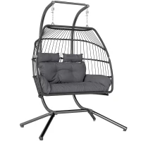 Outsunny Double Wicker Egg Swing Chair with Stand, Foldable Hanging Egg Chair with UV Resistant Cushion, Headrest, Dark Grey(m-12)