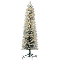 HOMCOM 6ft Artificial Prelit Christmas Tree with Warm White LED Light, Snow Flocked Branches, Metal Base, Pencil Xmas Tree(m-2)