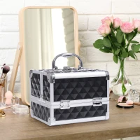 HOMCOM 3 Tier Diamond Texture Makeup Case Train Case Cosmetic Organizer with Mirror, Black(m-1)