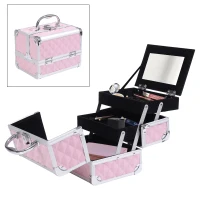 HOMCOM 3 Tier Diamond Texture Makeup Case Train Case Cosmetic Organizer with Mirror, Pink(m-7)